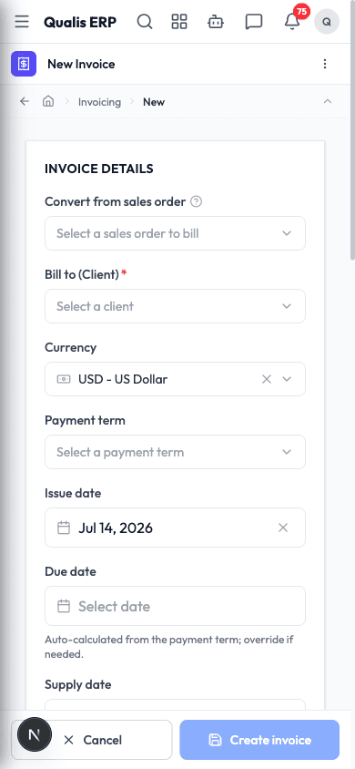 The invoice create form on a phone, with the Save and Cancel buttons pinned to the bottom