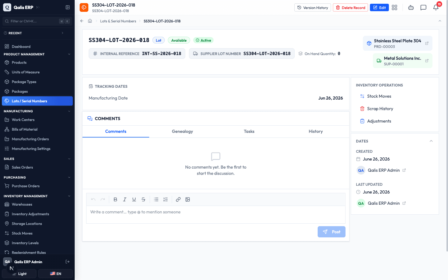 The detail page for a newly created lot, with its badges, product and supplier links, and date panels