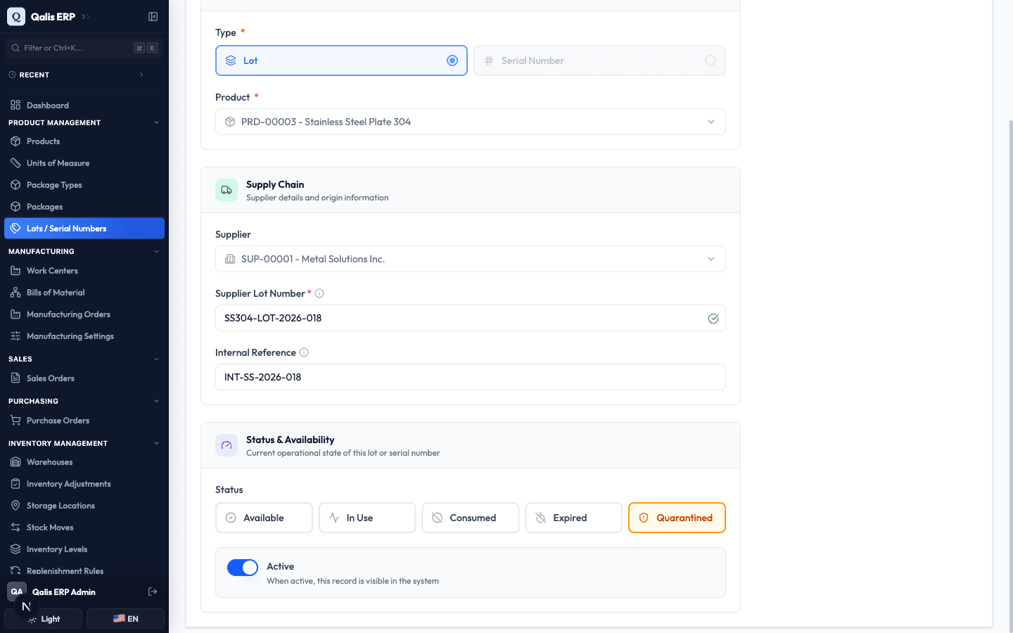 The Status buttons in the edit form with Quarantined selected