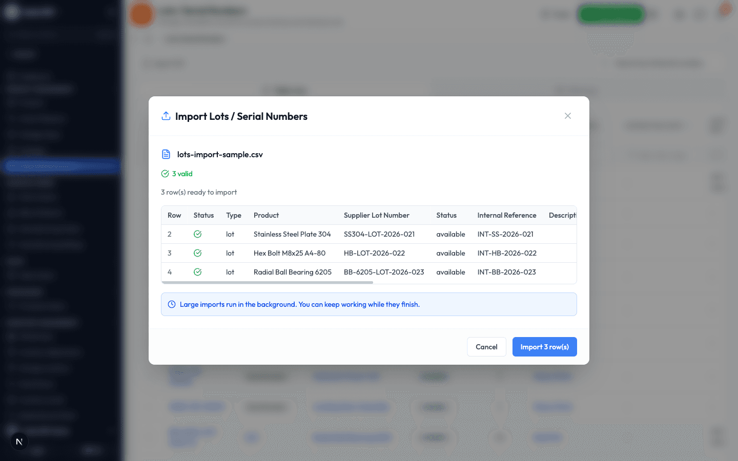 The import preview showing three valid rows ready to import