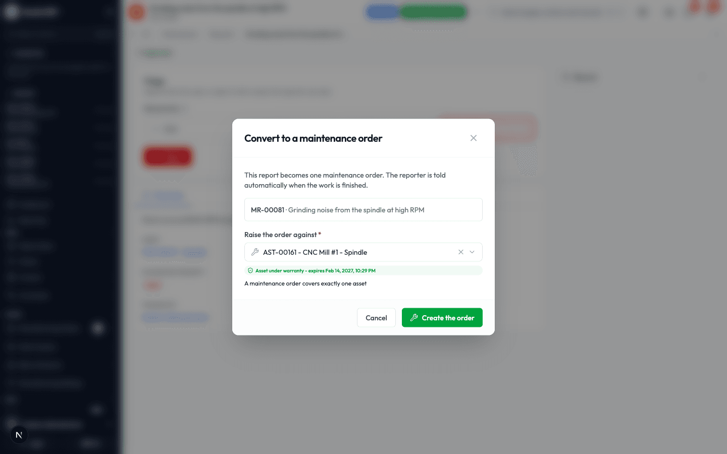 The Convert to a maintenance order window with the request listed and the asset pre-filled