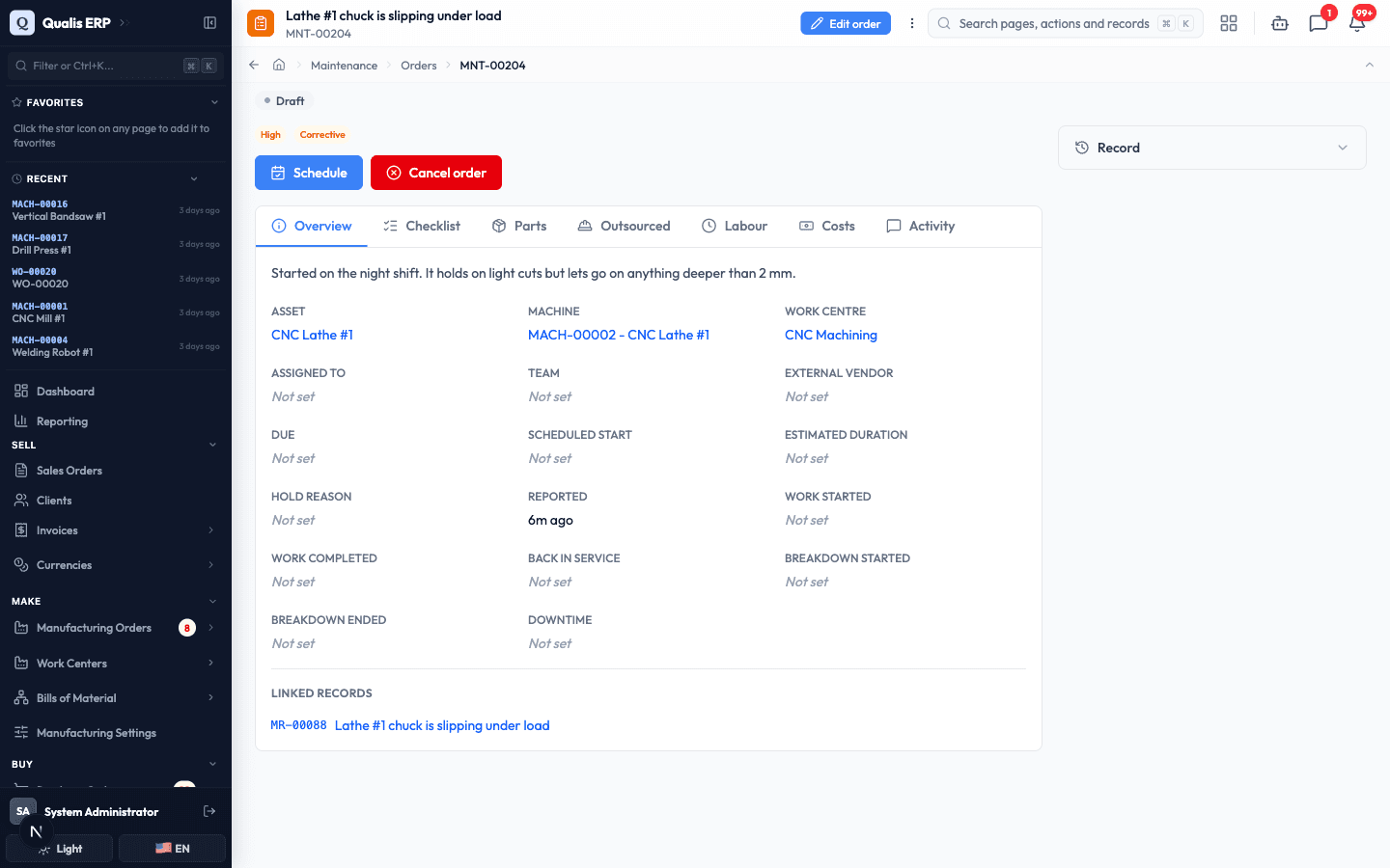 The new maintenance order in Draft, with the originating request linked at the bottom