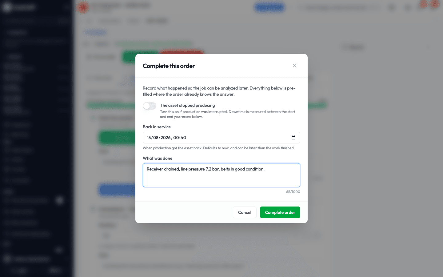 The Complete this order window with the breakdown toggle off and a note describing the work