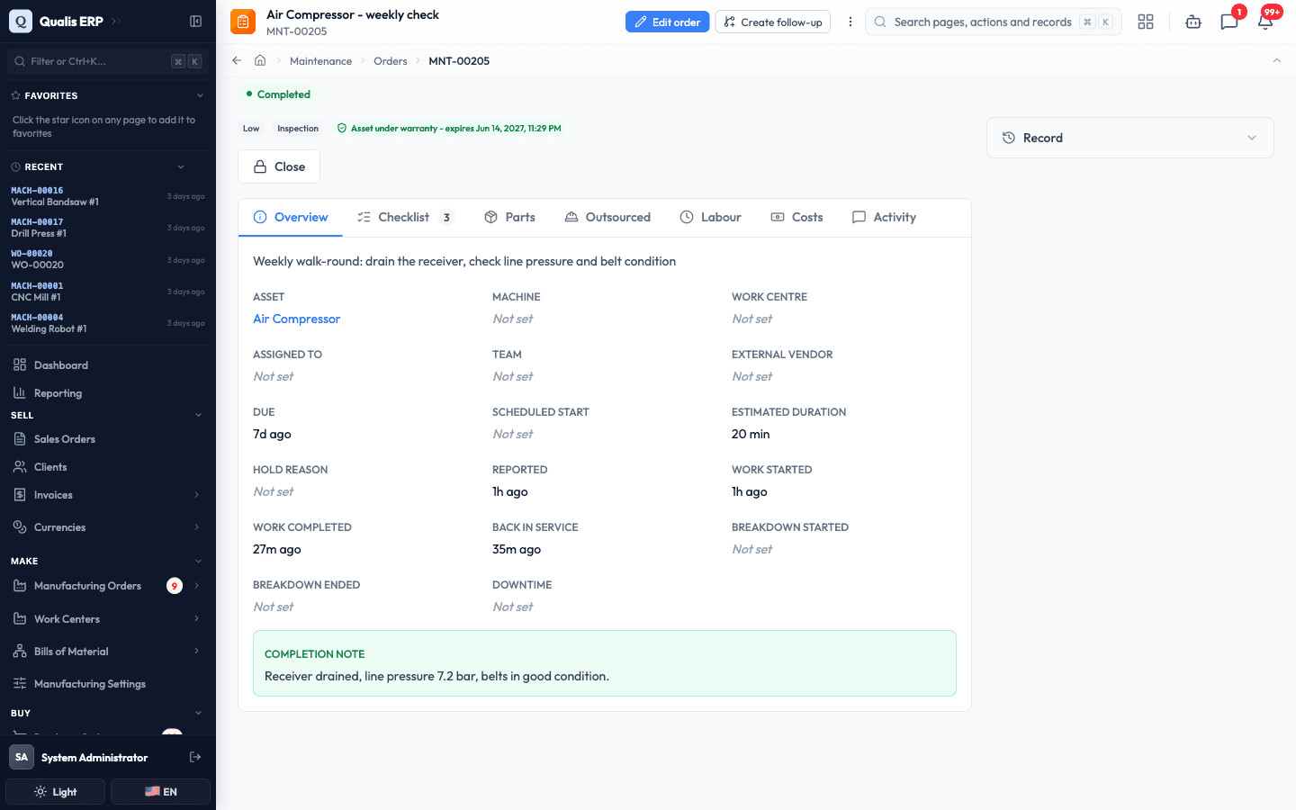 The completed job showing its completion note and the finished checklist