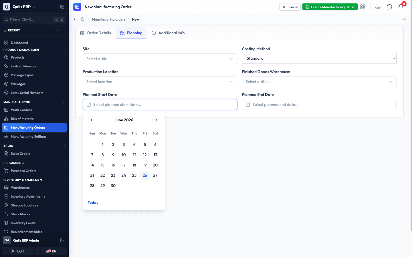 The Planning tab showing the site, costing method, locations and the calendar open on the planned start date