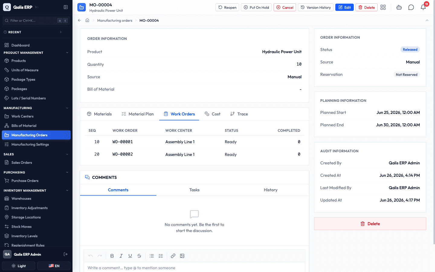 The Work Orders tab listing the two generated work orders, both Ready at Assembly Line 1