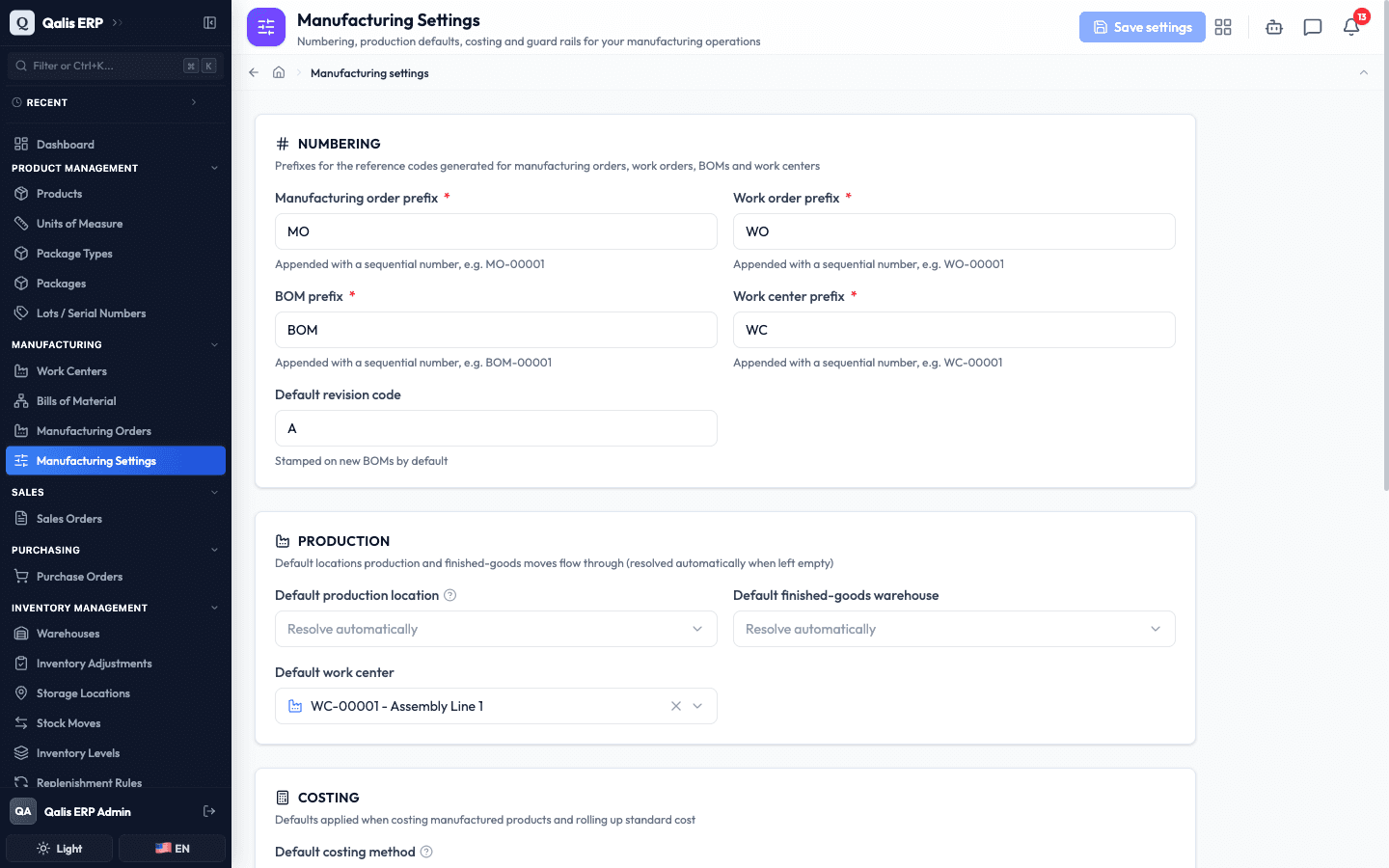 The Manufacturing Settings page open, with the sidebar item highlighted and the Numbering and Production areas showing