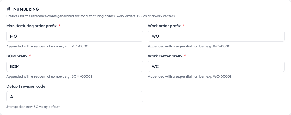The Numbering area with prefixes for manufacturing orders, work orders, BOMs and work centers, plus a default revision code