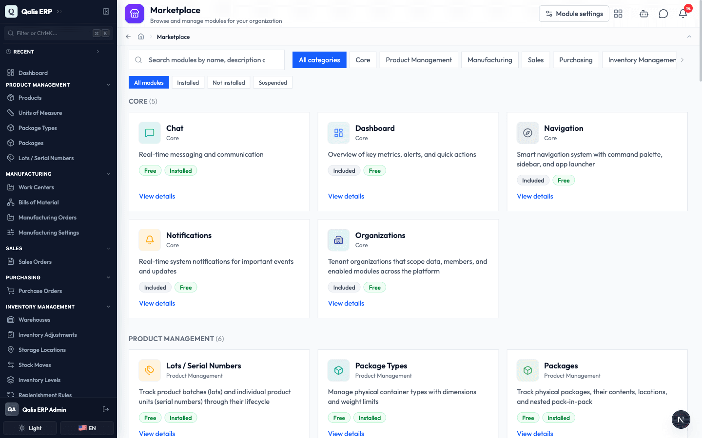 The Marketplace list, with modules grouped by area and labeled Installed or Free