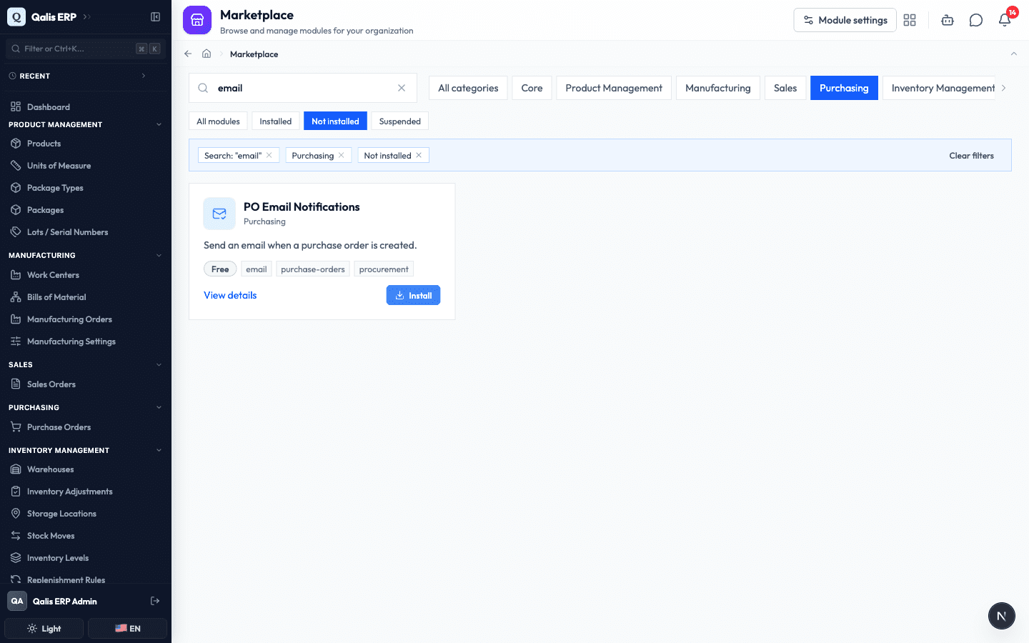 The Marketplace filtered by search, category, and state, with the applied filters shown as chips