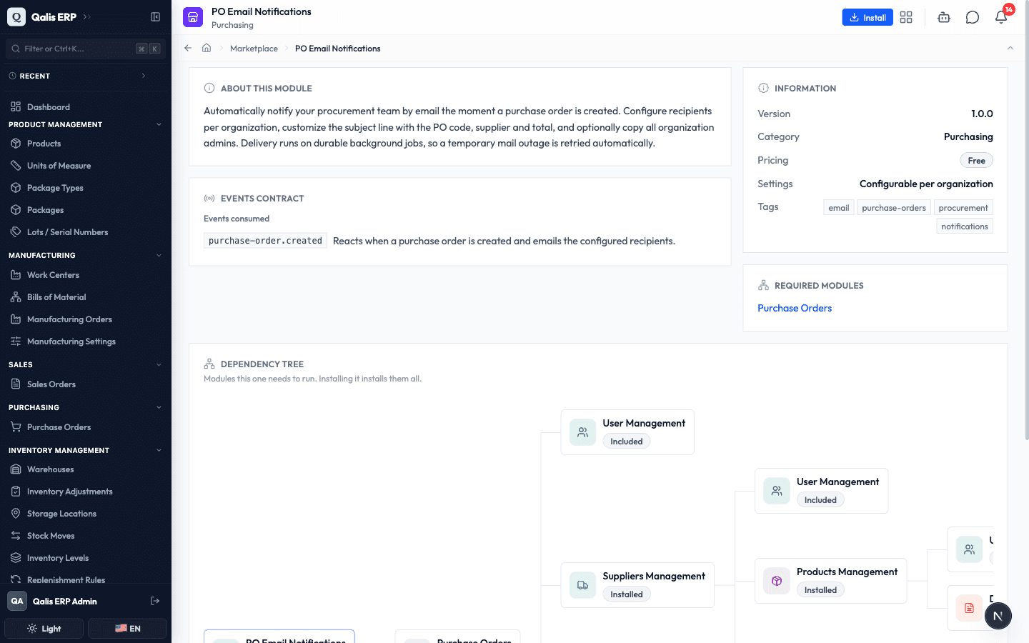 The PO Email Notifications detail page, showing its description, information, and required modules