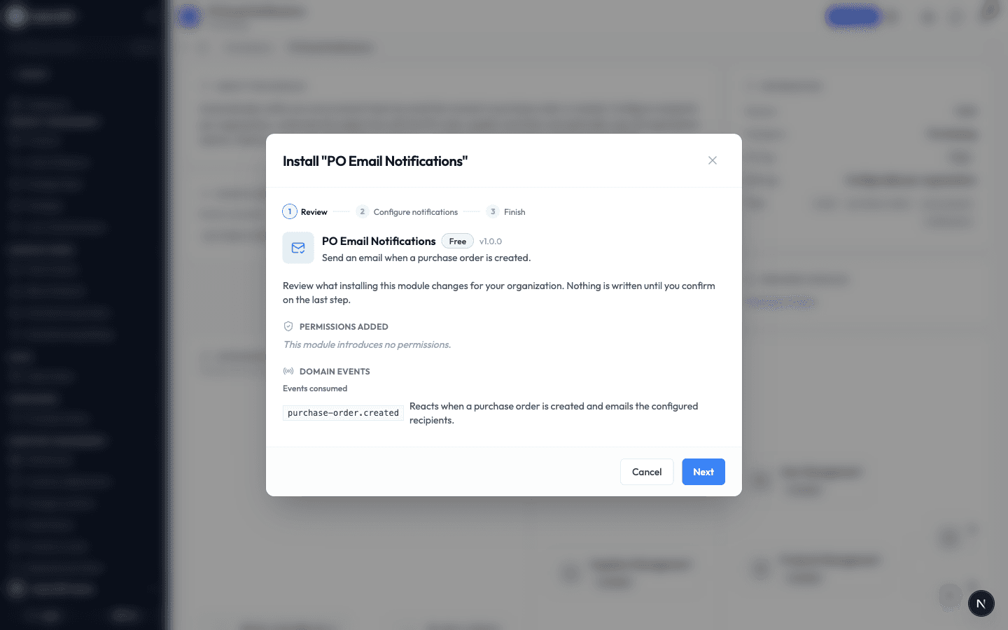 The Review step of the install window, summarizing what the module adds