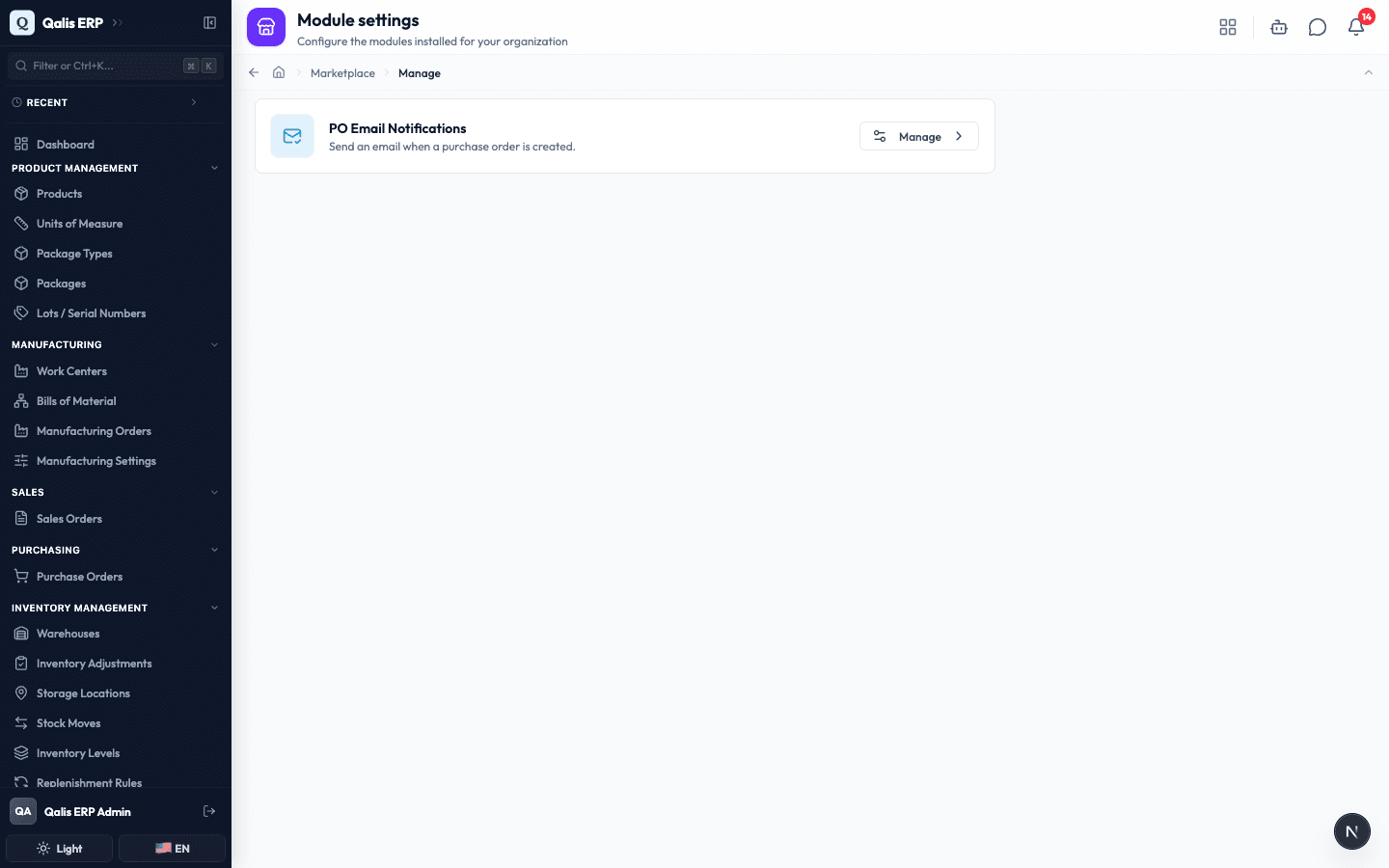 The module settings hub, listing modules that can be configured