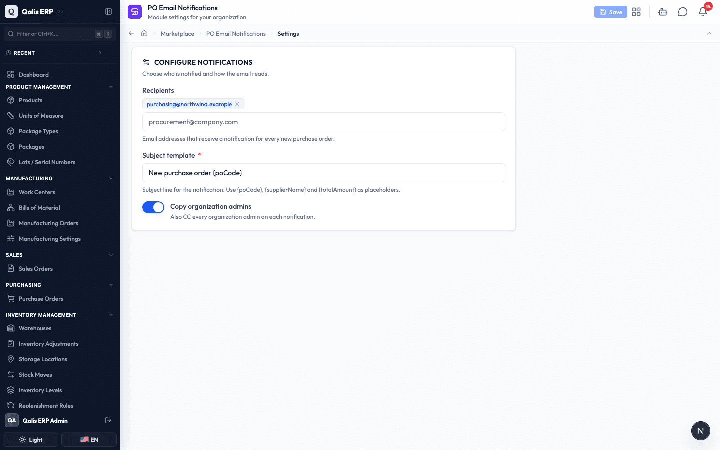 The PO Email Notifications settings page, with the recipient and subject filled in
