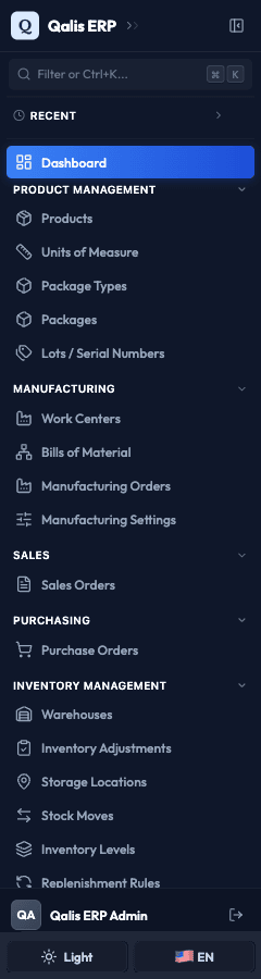 The sidebar with its groups, the Dashboard pinned at the top, and the current page highlighted
