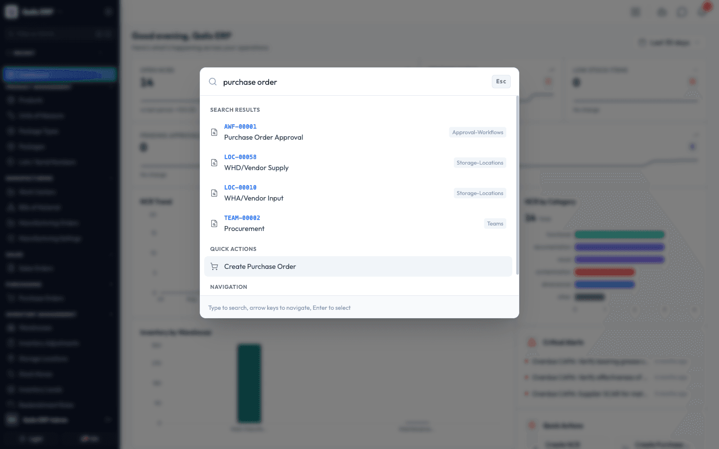 Typing "purchase order" shows matching records, a create action, and the page to open