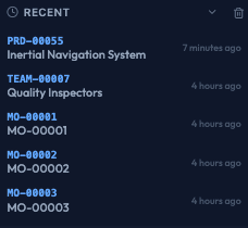 The Recent list showing recently opened records with how long ago each was visited