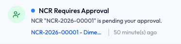 A single notification showing its icon, title, summary, related record, and time