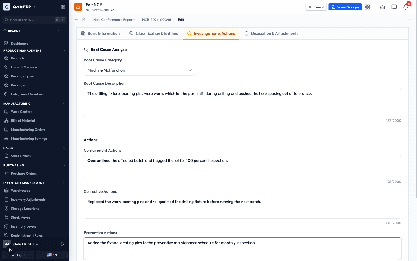 The Investigation and Actions tab filled in with a root cause and the three kinds of action