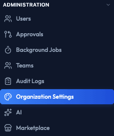 The Administration group in the sidebar with Organization Settings highlighted