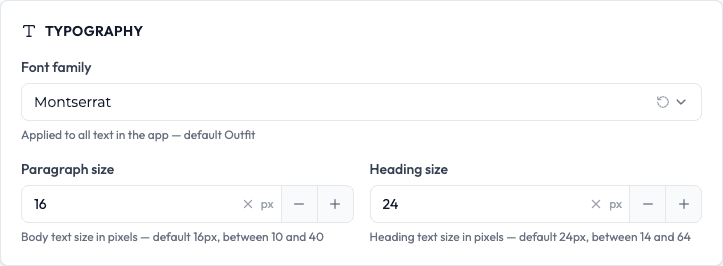 The Typography area with Montserrat chosen and the paragraph and heading sizes set