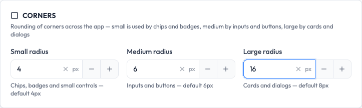 The Corners area with small, medium and large radius values