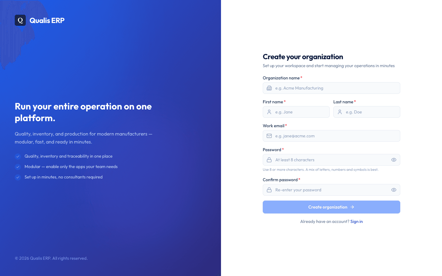 The Create your organization sign-up page with an empty form