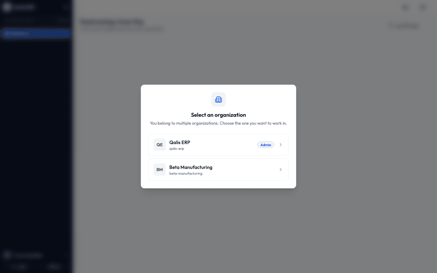 The Select an organization screen shown on first sign-in
