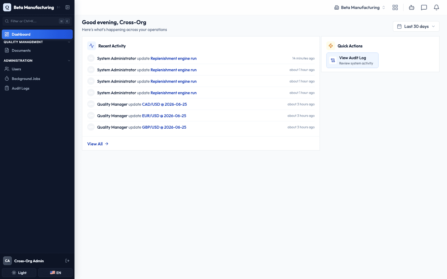 After switching, the app now shows Beta Manufacturing with its own branding and modules