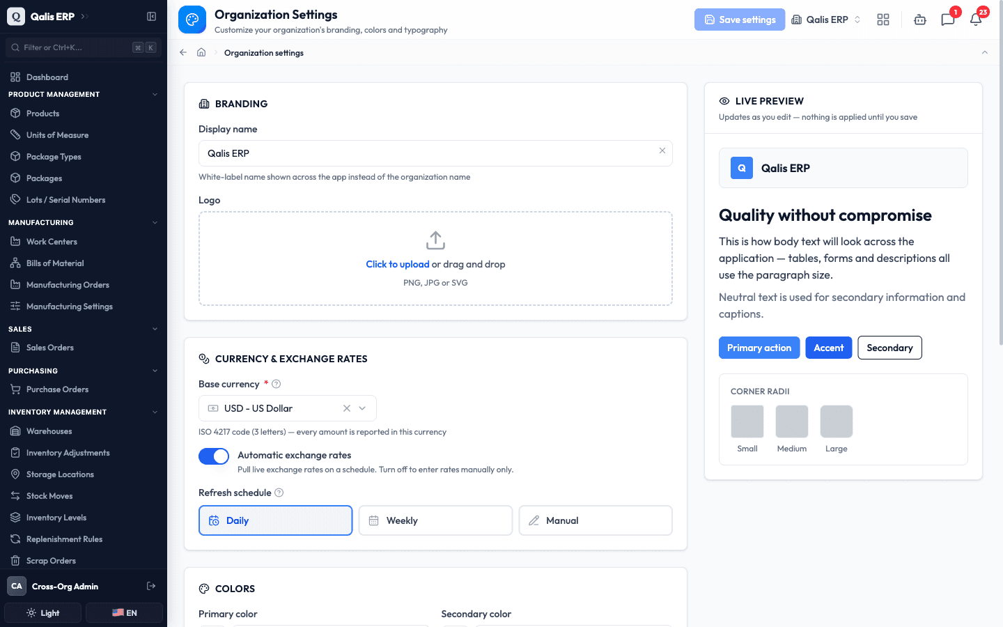 The Organization Settings page, with branding, currency, and a live preview
