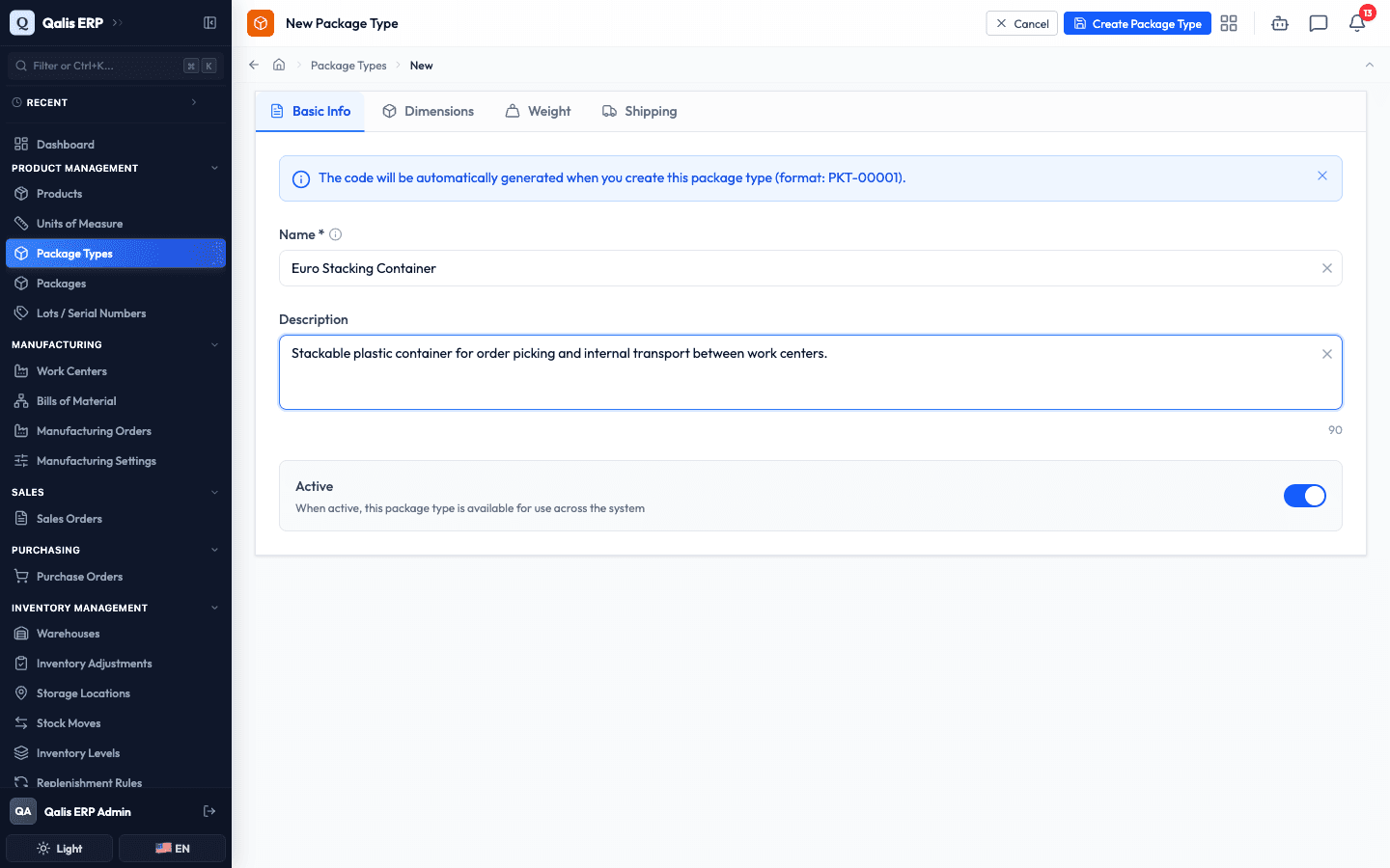 The Basic Info tab with a name and description filled in and the Active switch on
