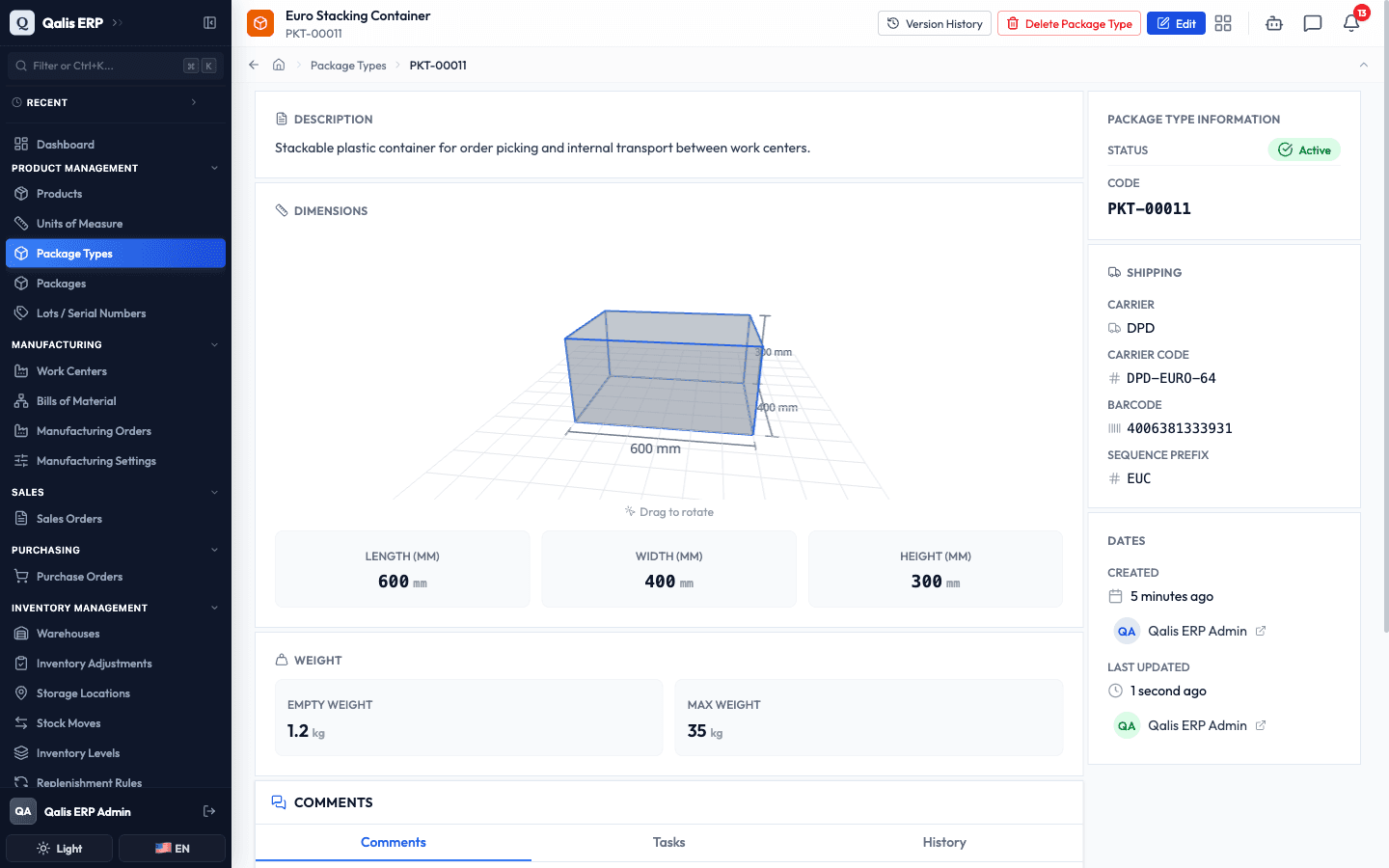 The details page after editing, now showing a maximum weight of 35 kg and an updated time