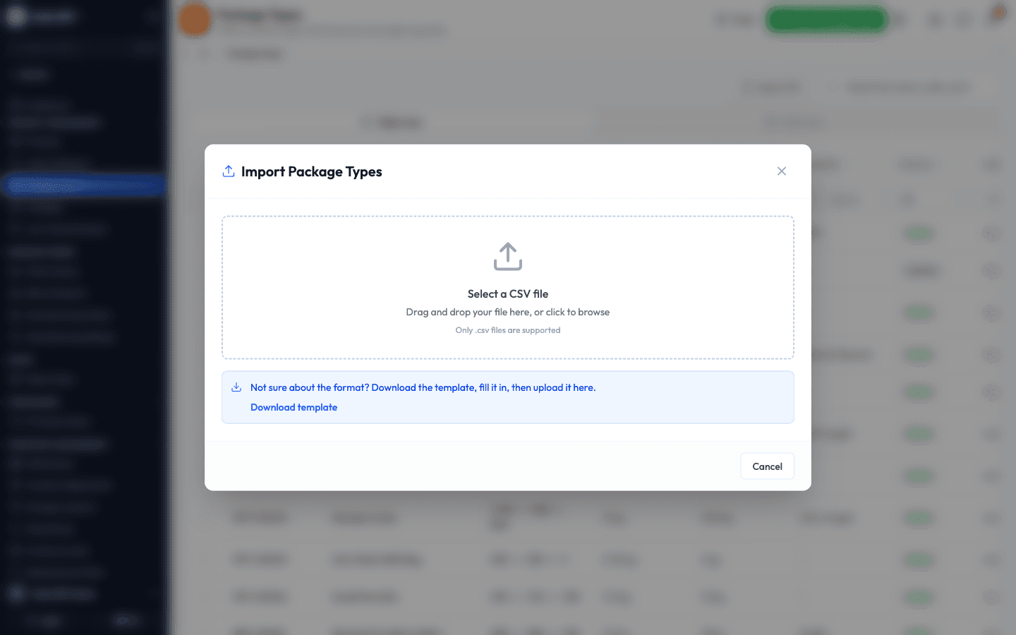 The import window with a drop area for a CSV file and a download template link