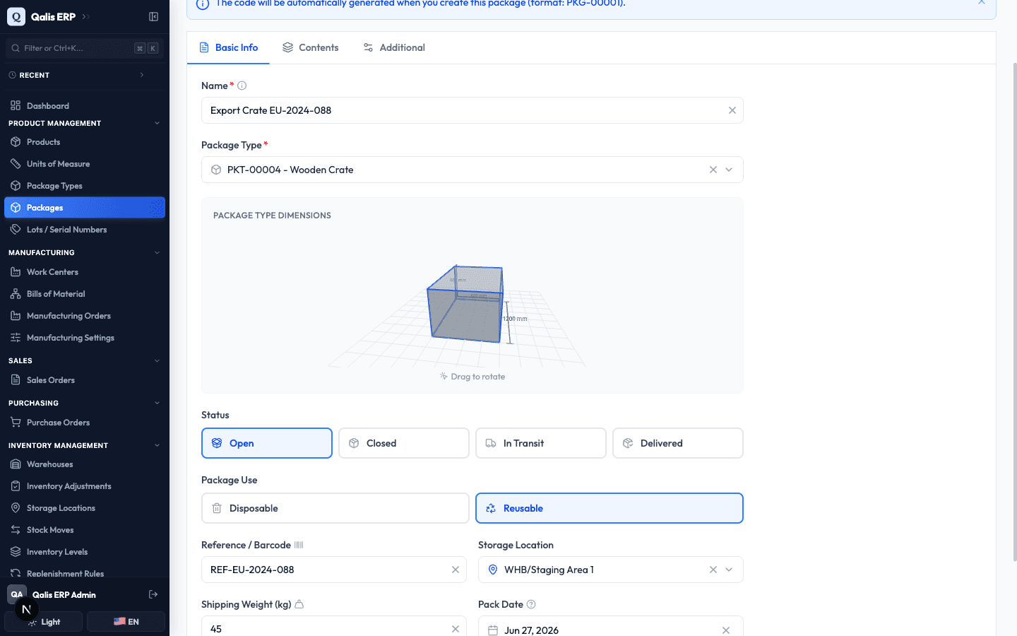The Basic Info tab filled in, with the Wooden Crate selected and a 3D box preview