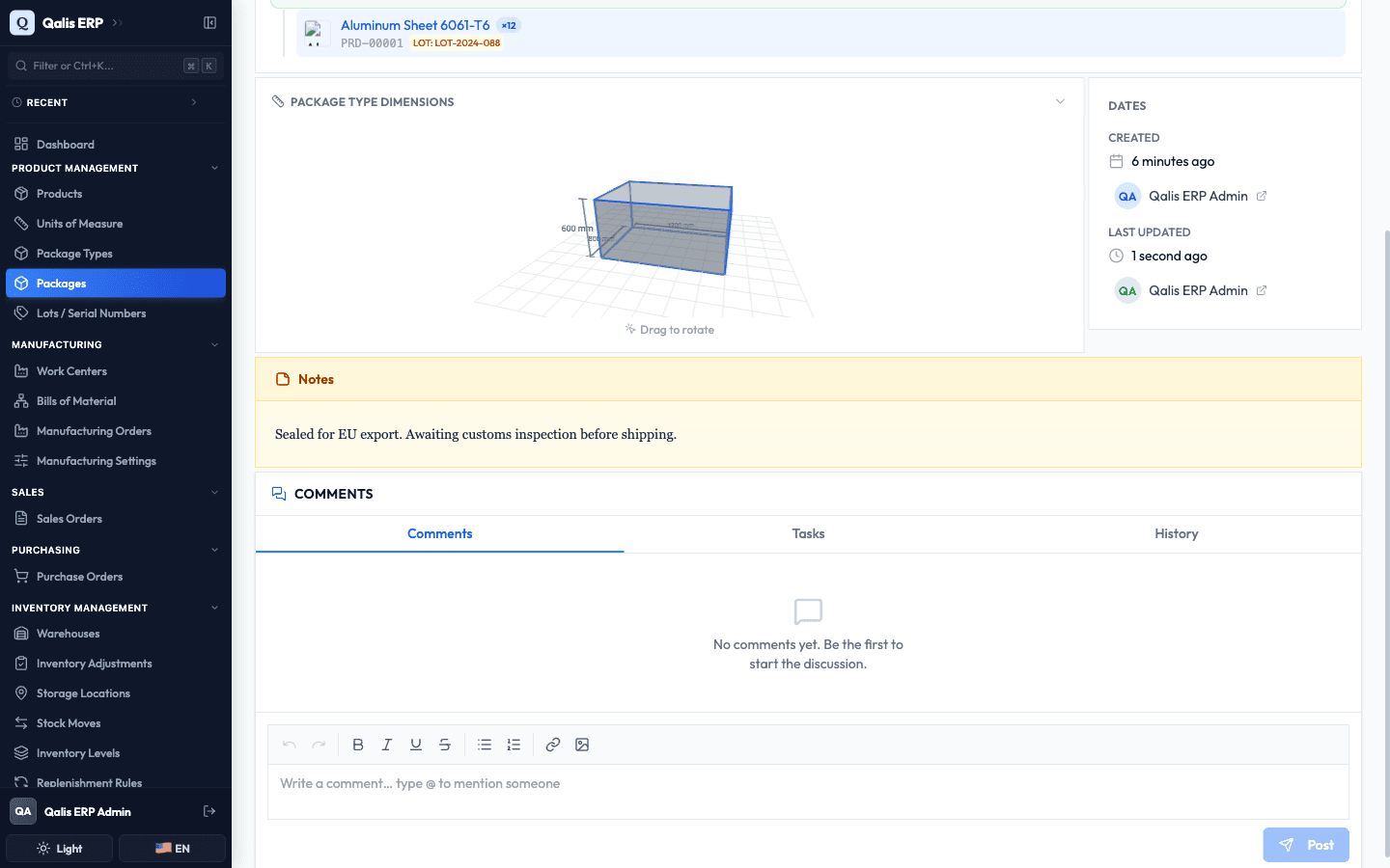 The details page after saving, with the new note shown in the Notes panel