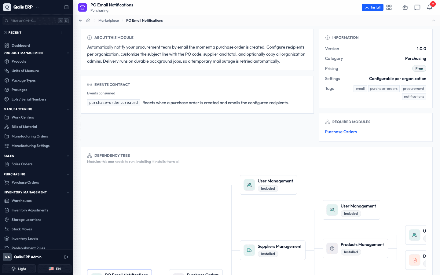 The PO Email Notifications page in the Marketplace, with the Install button in the top right