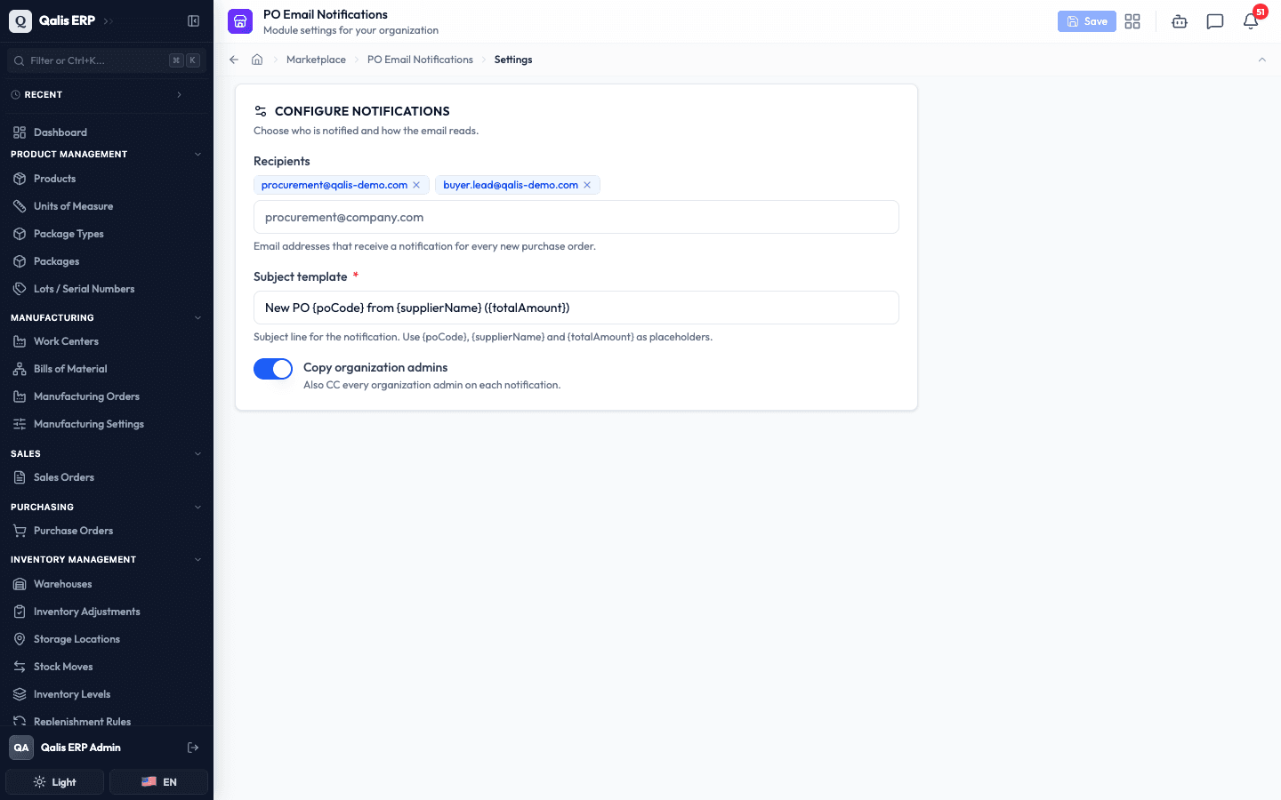 The PO Email Notifications settings page, with the current recipients, subject, and admin copy