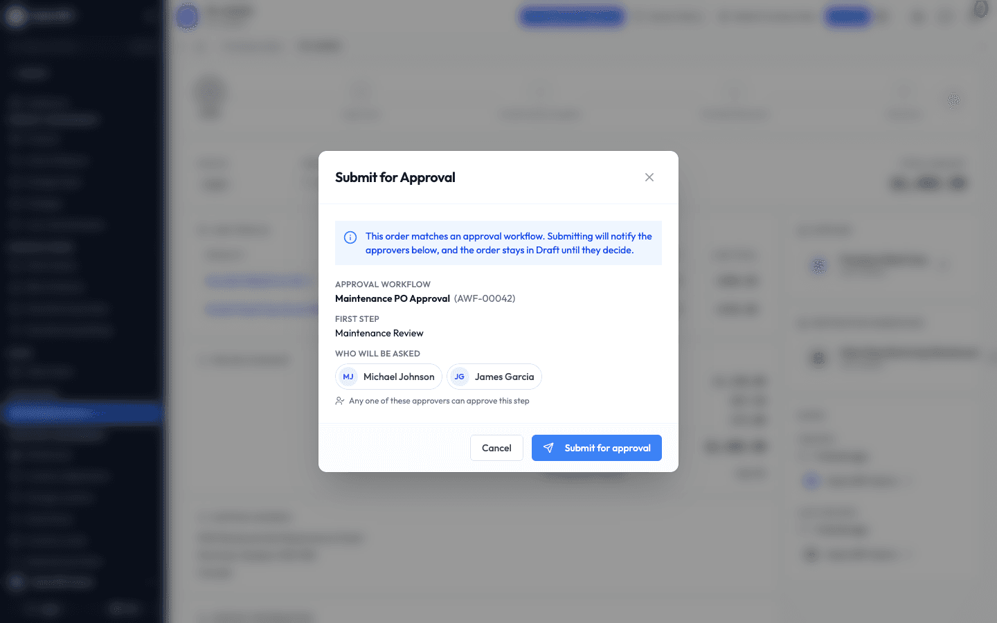 The Submit for Approval window listing the workflow and its approvers