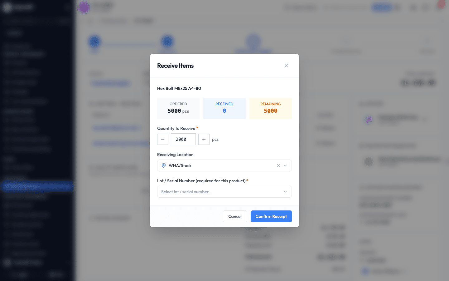 The Receive Items window with a quantity, receiving location, and lot field