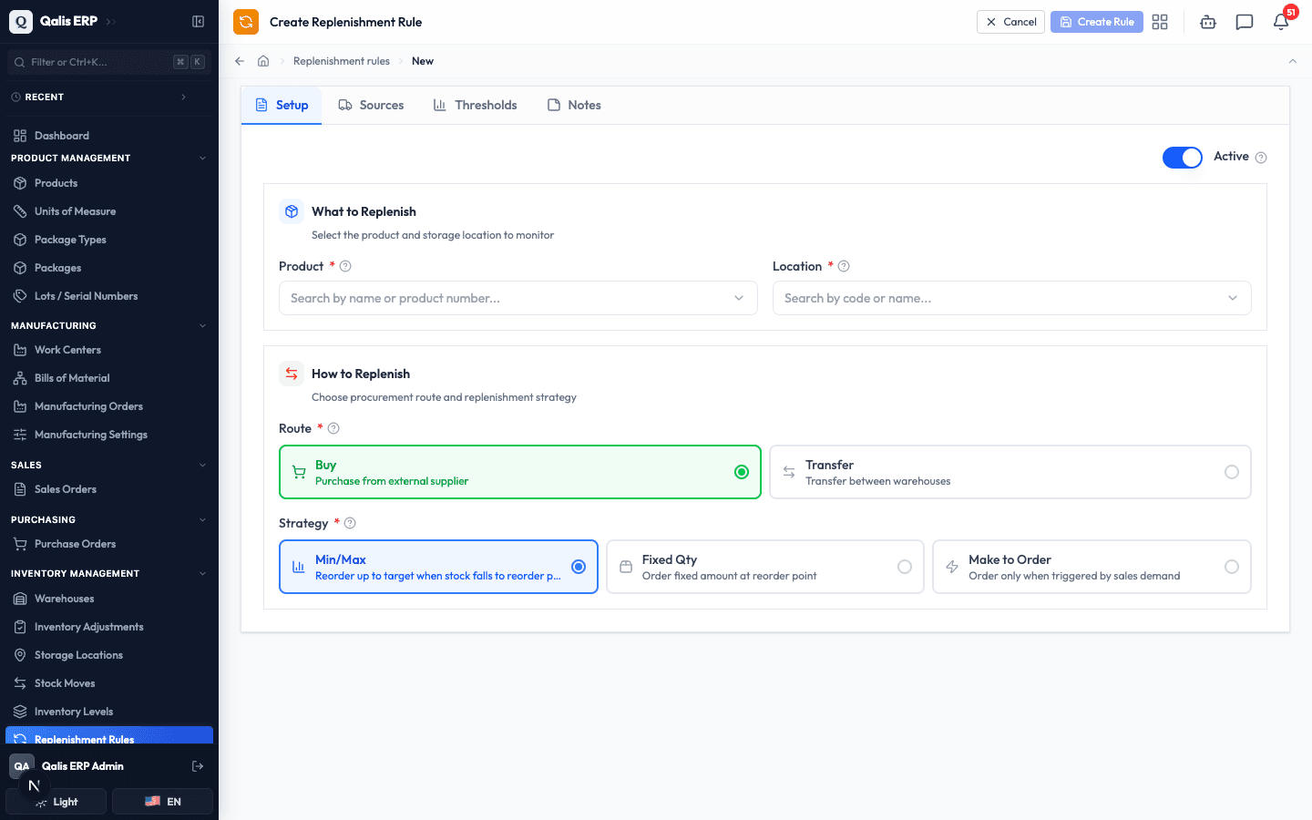 The blank Create Replenishment Rule form on the Setup tab