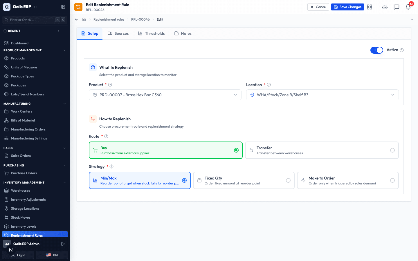 The Edit form, where the product and location can no longer be cleared or changed