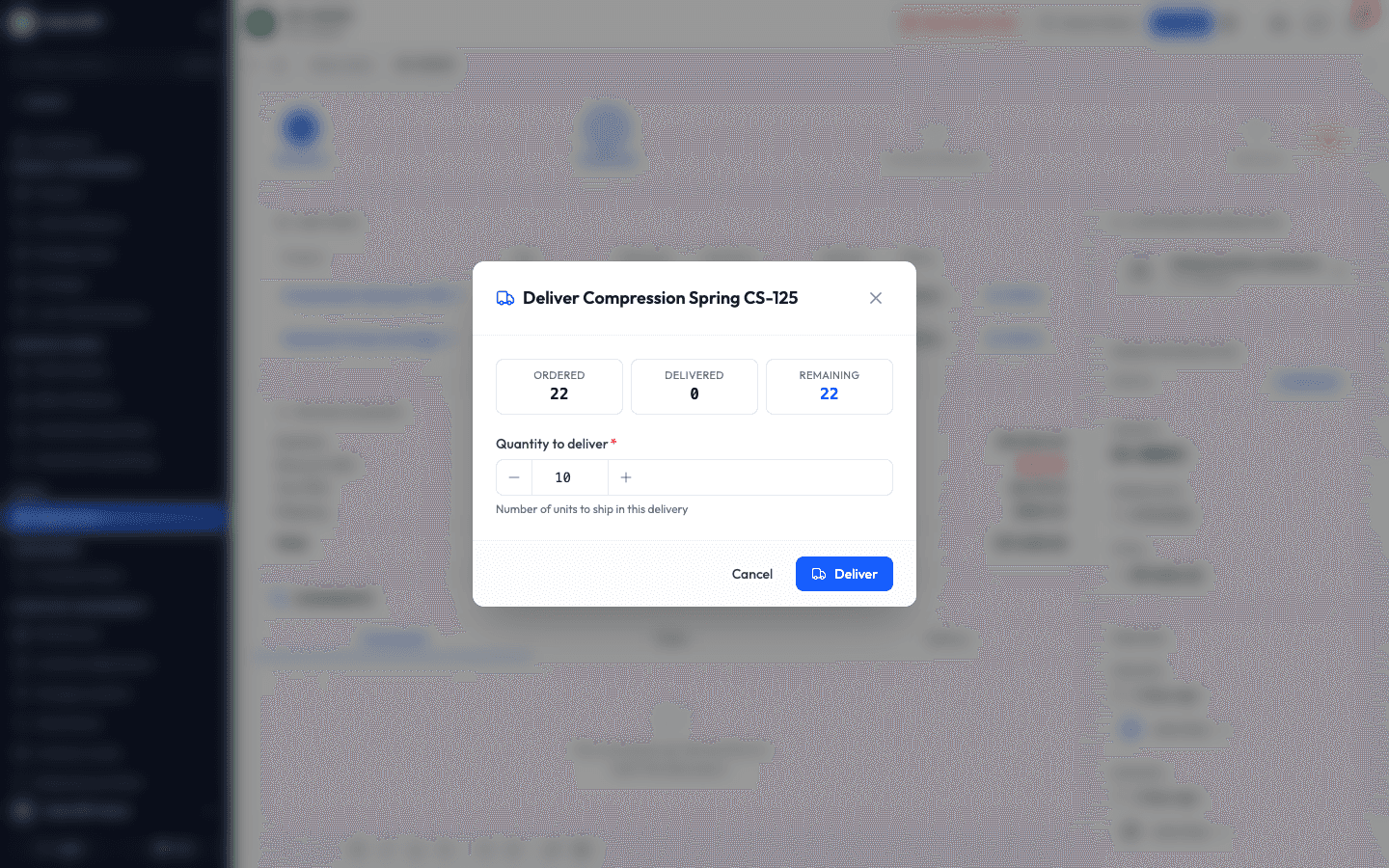 The Deliver panel for a product, showing Ordered, Delivered and Remaining counts and a quantity field set to 10