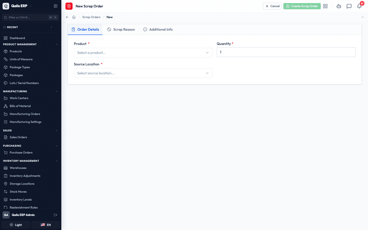 The blank New Scrap Order form on the Order Details tab