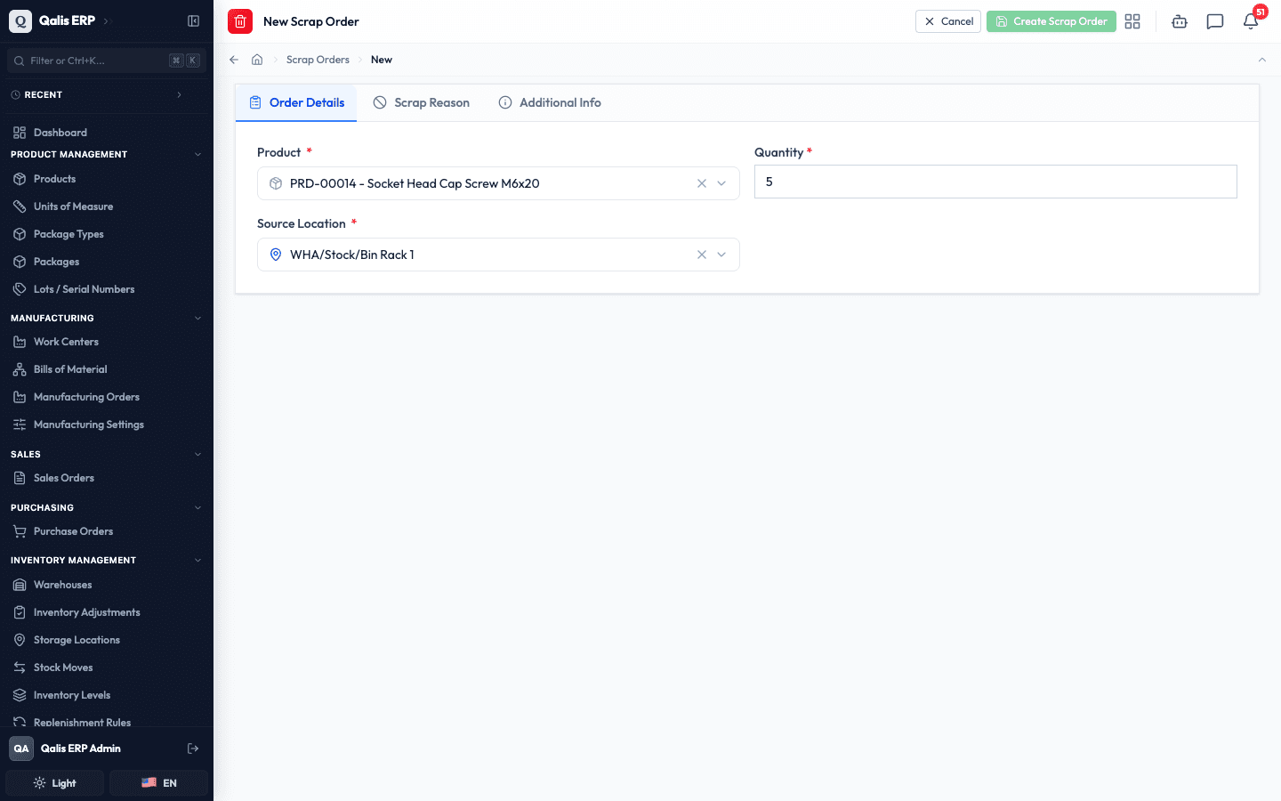The Order Details tab filled in with a product, a quantity of 5, and a source location