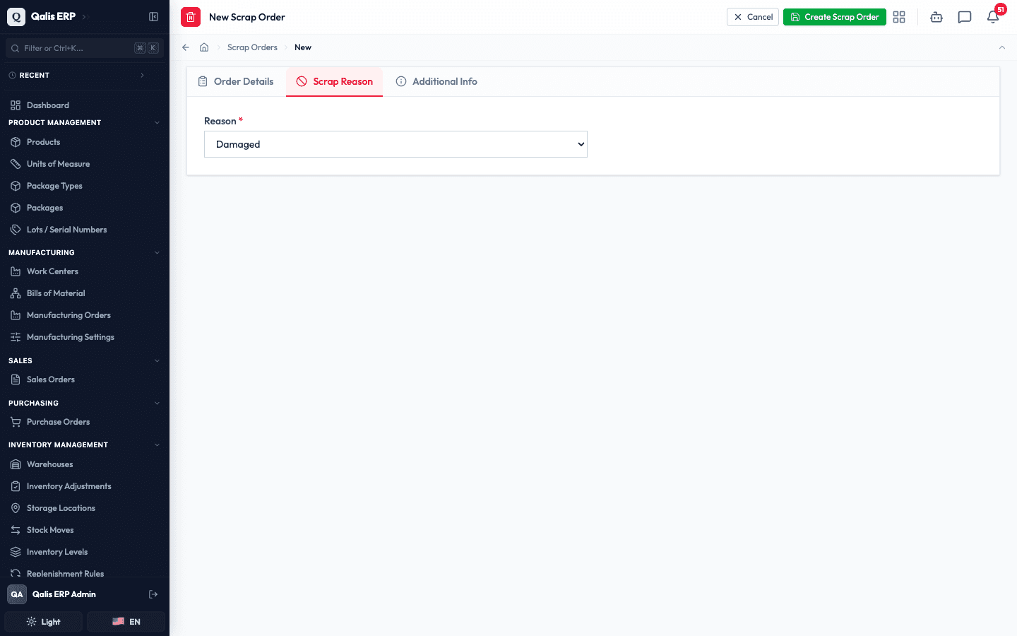 The Scrap Reason tab with Damaged selected