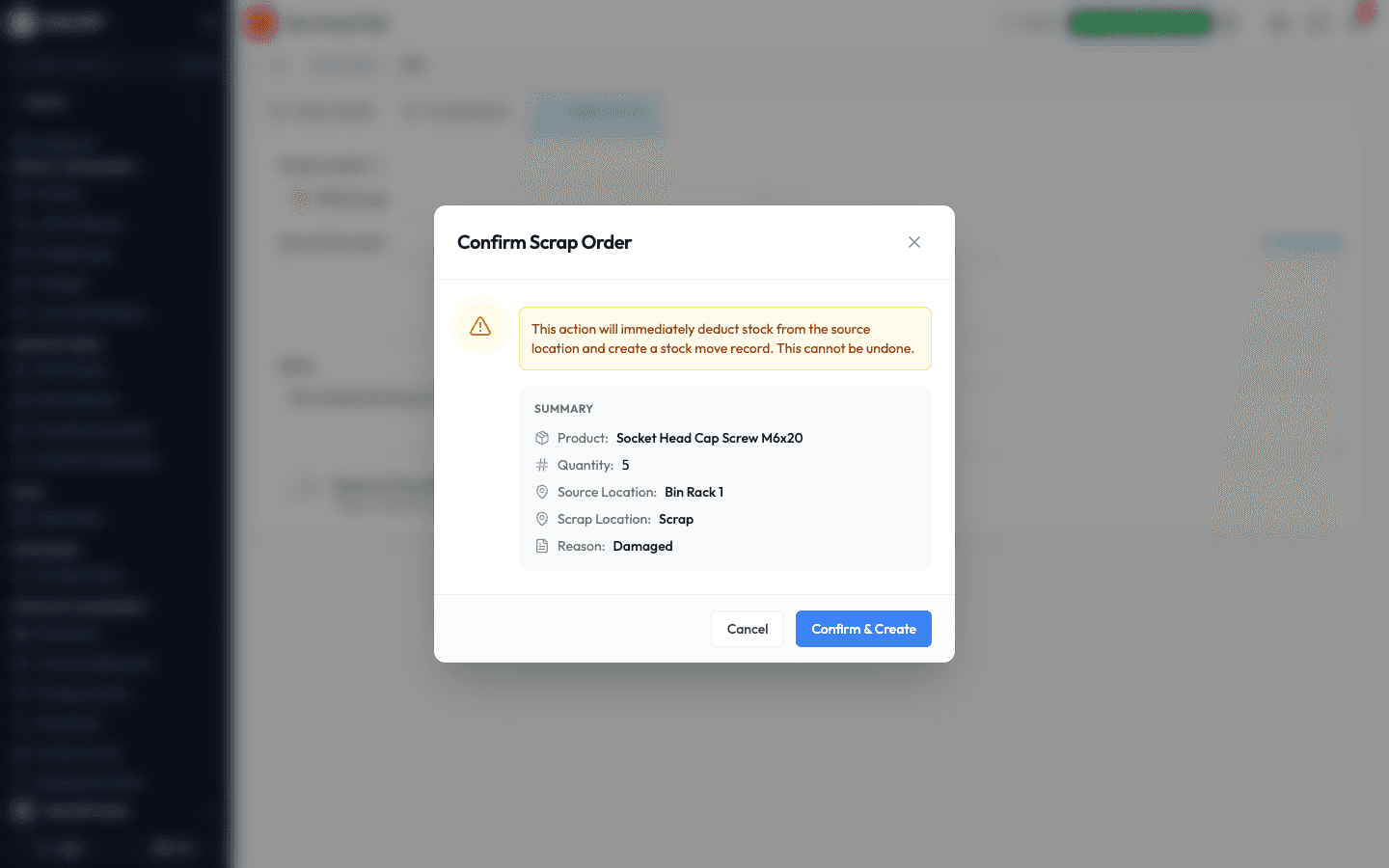 The confirmation box summarizing the scrap order before it is created