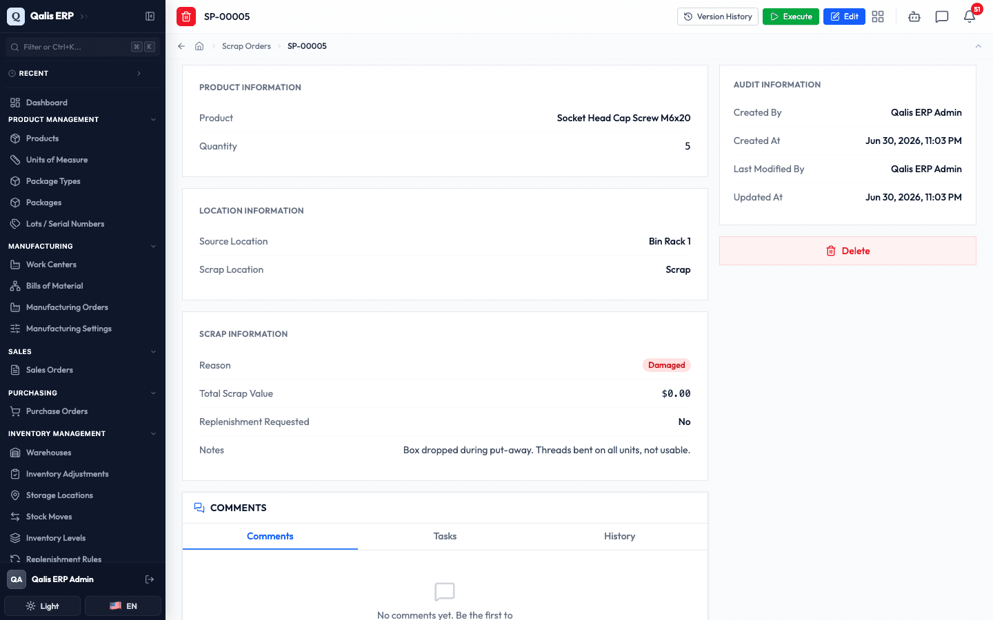 The new scrap order's detail page, saved as a draft, with Execute and Edit buttons at the top