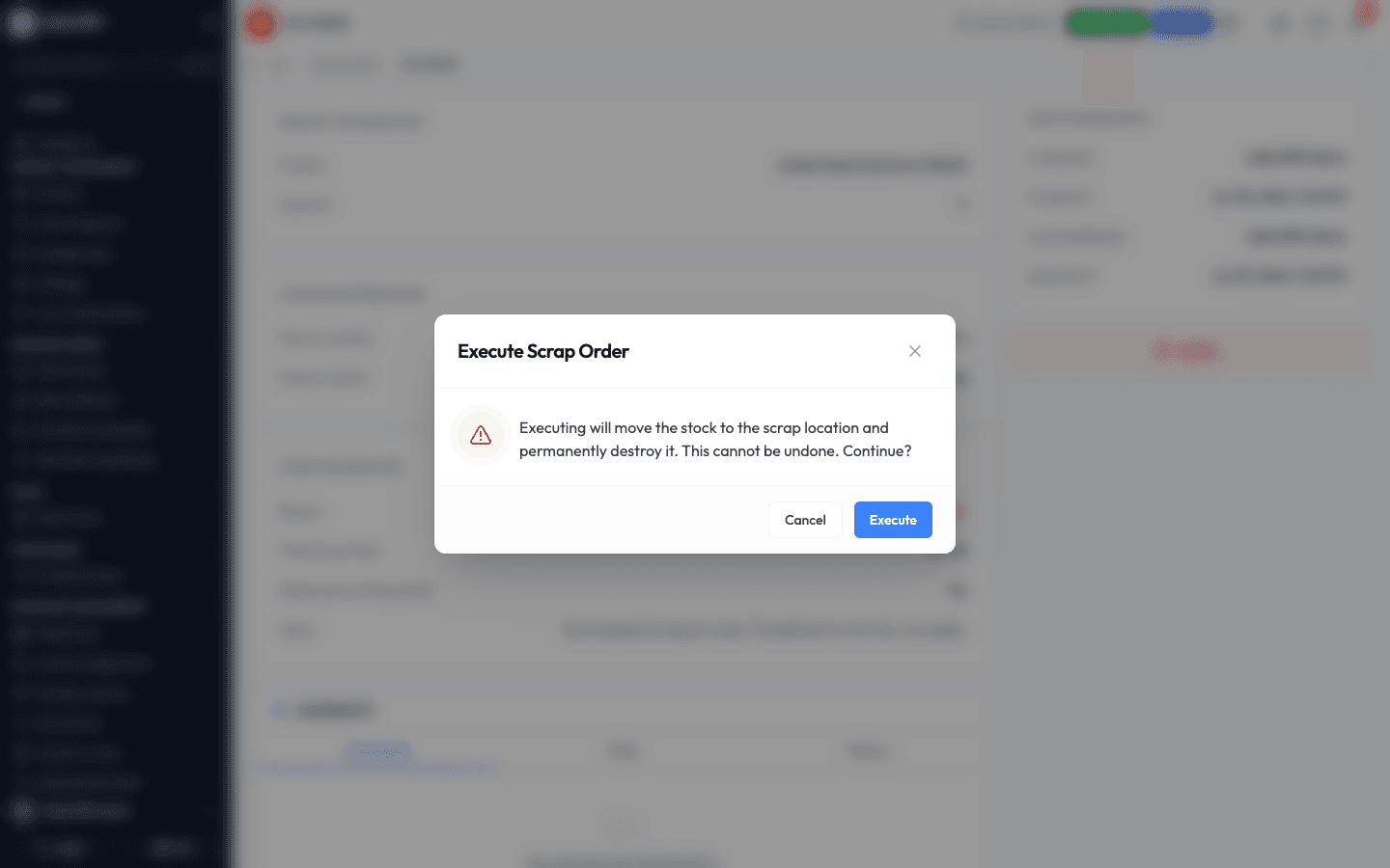 The Execute confirmation box warning that the stock will be permanently destroyed