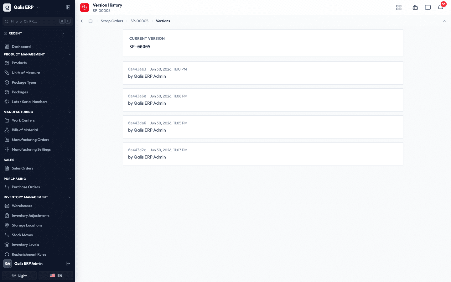 The version history of a scrap order, showing each saved state with who made the change and when