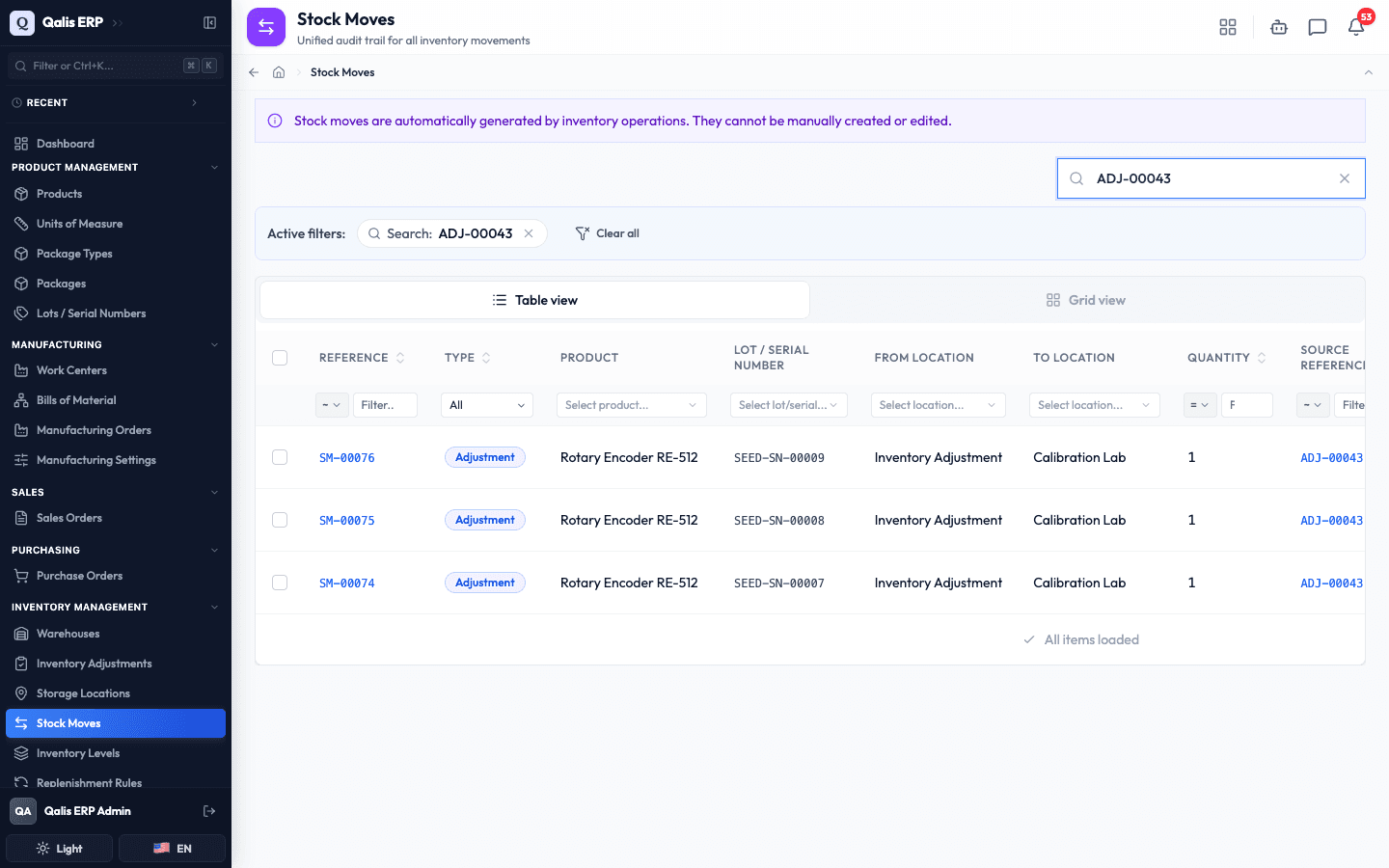 Searching for a source reference narrows the log to the moves it produced